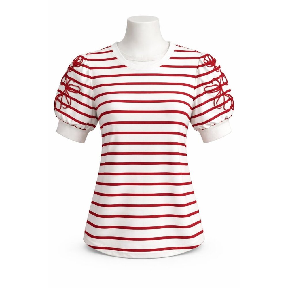 Fred David Striped Puff Sleeve Top Red‎ White Cotton Blend S NWT